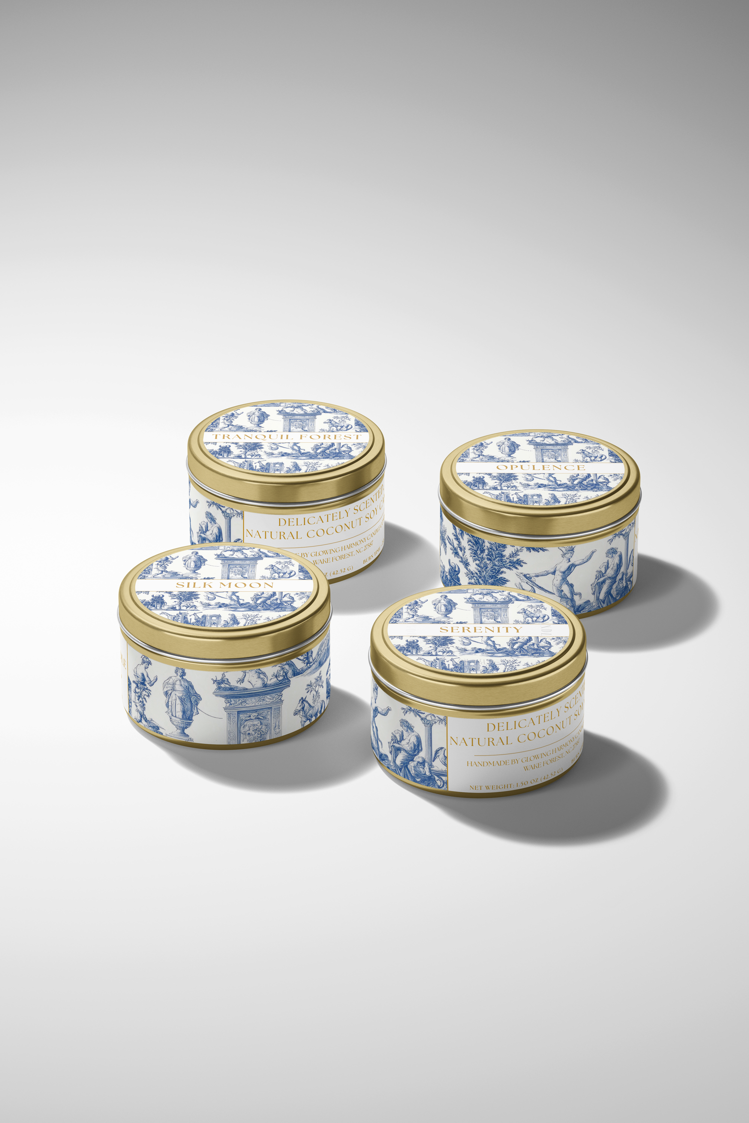 artistic greek toile pattern soy candles in gold tins
