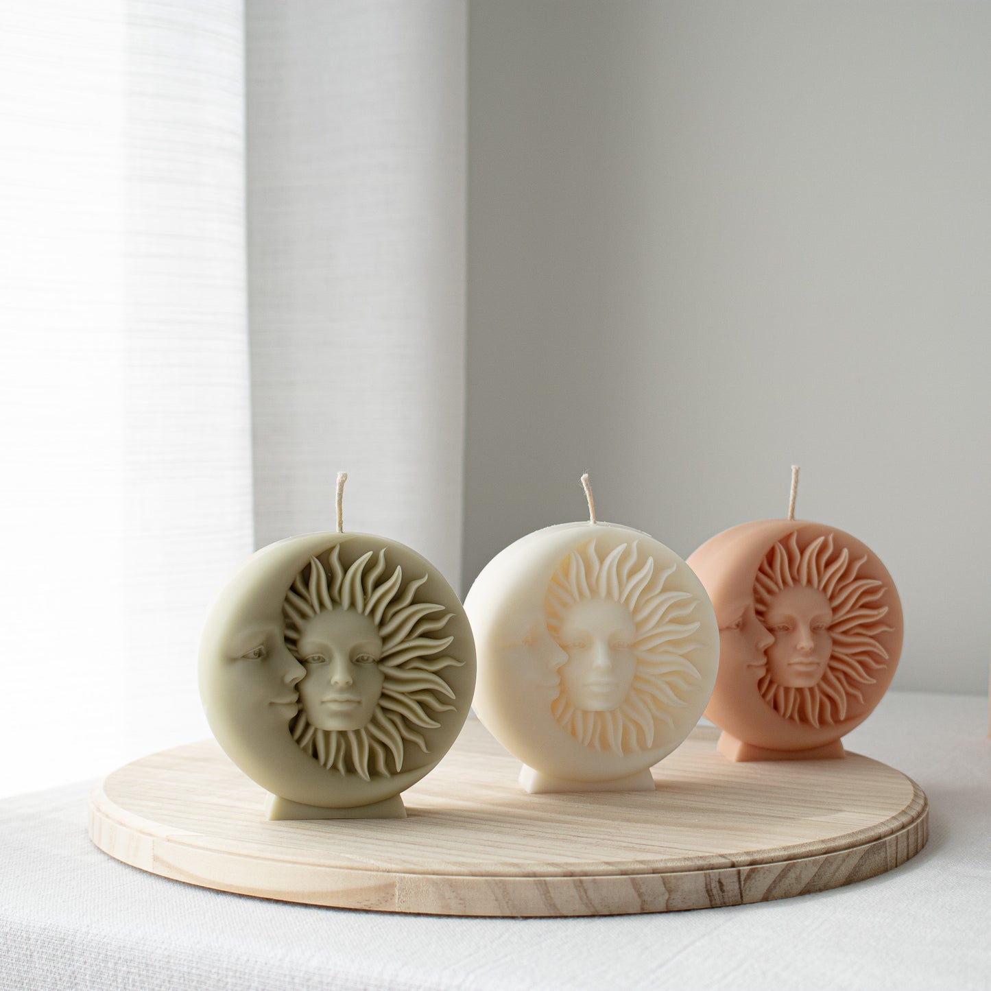 olive color sun and moon candle boho decor
