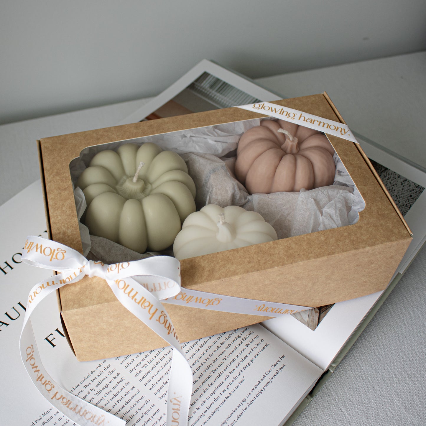 Cozy fall decor candles styled in a festive box