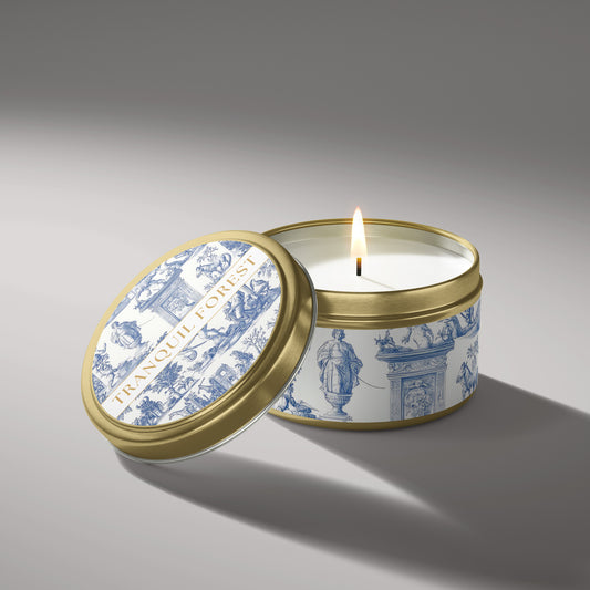 greek toile pattern luxury candle in gold tin