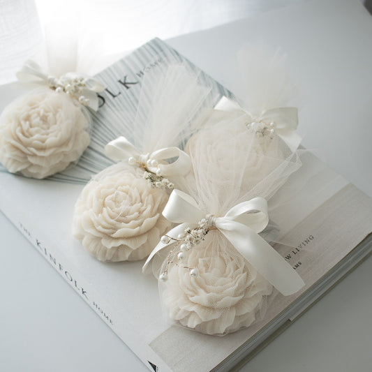 candle wedding favor in tulle with pearl