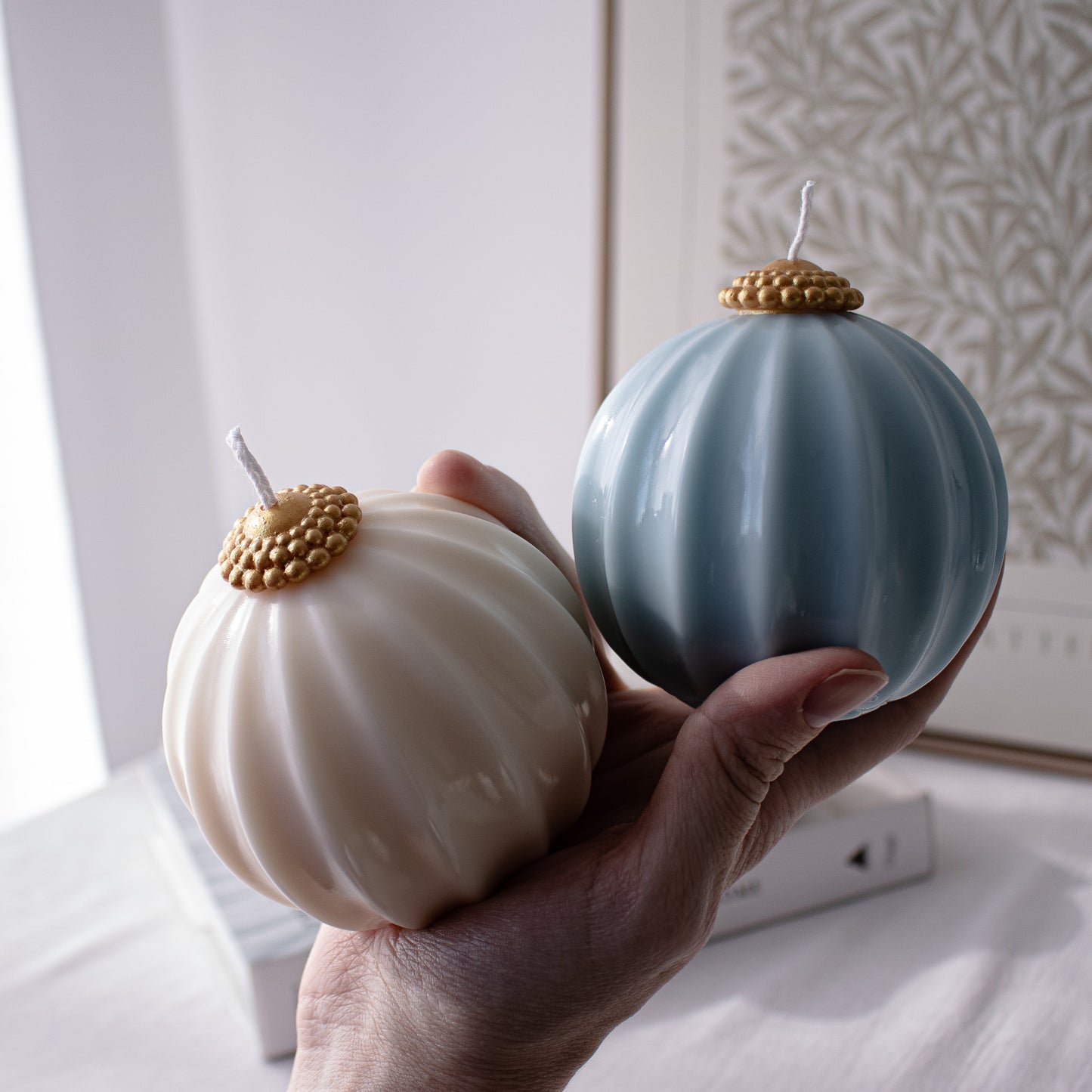 ice blue and cream white christmas ornament candle