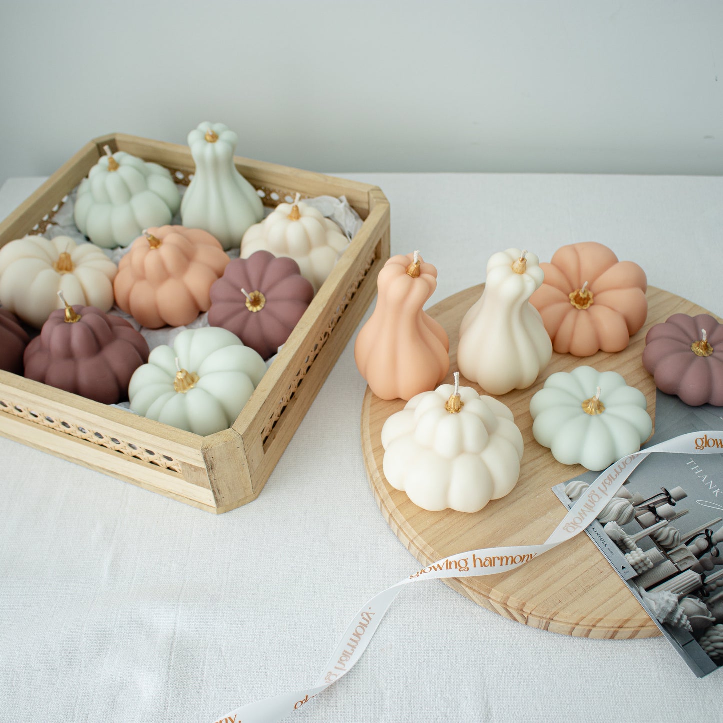 Modern fall decorative candles in soft pastel colors