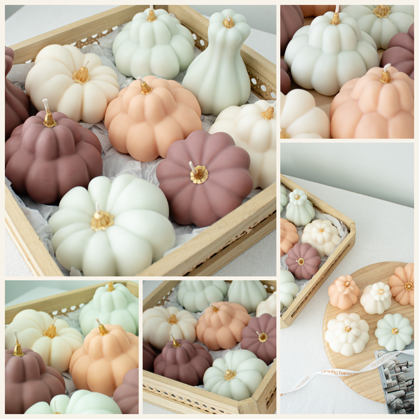 Colorful pumpkin candles in soft pastel shades with golden stems